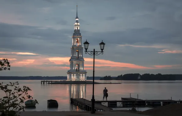 Picture landscape, the city, river, the evening, Volga, the bell tower, Kalyazin, Elena Guseva