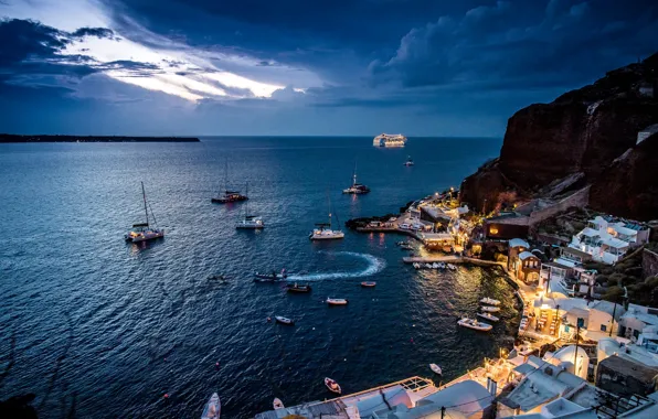 Sea, mountains, the city, home, boats, the evening, Santorini, Greece