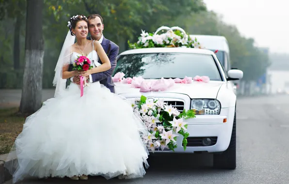Decoration, bouquet, dress, car, happy, the bride, wedding, lovers