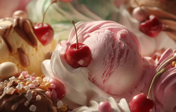 Light, close-up, cherry, berries, pink, ice cream, dessert, cherry