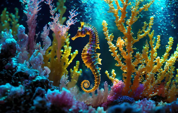 Sea, corals, seahorse, underwater world, under water, AI art, neural network