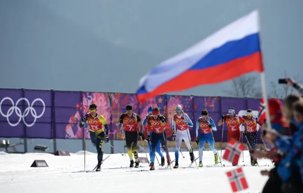 Picture snow, flag, Norway, skiers, Russia, flags, Sochi 2014, The XXII Winter Olympic Games