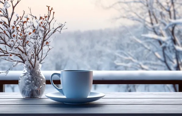 Winter, glass, balls, snow, comfort, window, Christmas, mug