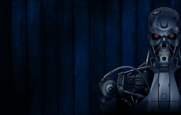 Picture strip, robot, terminator, red eyes, Terminator, dark blue background