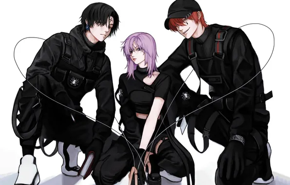 Special agent, three, hunter x hunter, two guys, lilac hair, black clothes, sitting on my …