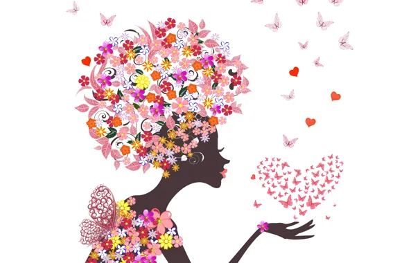 Girl, butterfly, flowers, abstraction, hearts, girl, flowers, hearts