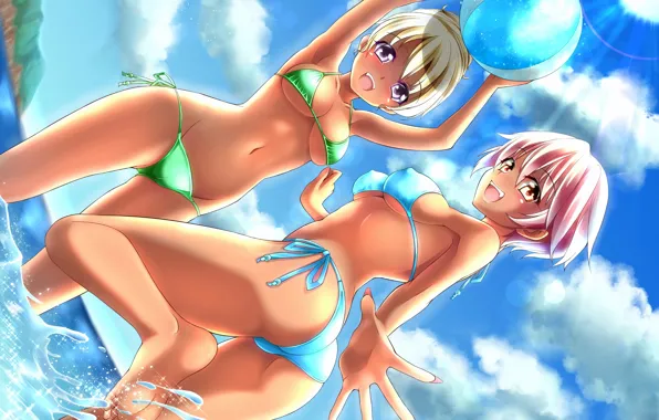 Sexy, ass, cleavage, pink hair, erect nipples, sky, long hair, sea