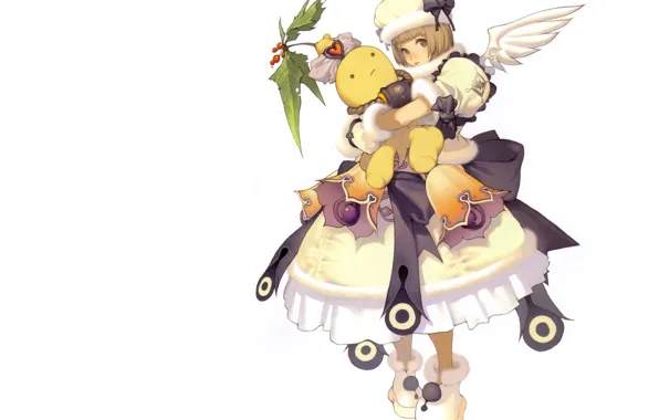 Picture hat, toy, wings, girl, white background, fur, bells, art