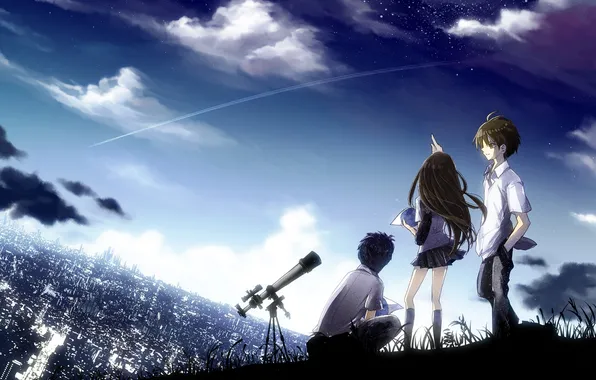 Picture the sky, girl, stars, clouds, the city, home, anime, art