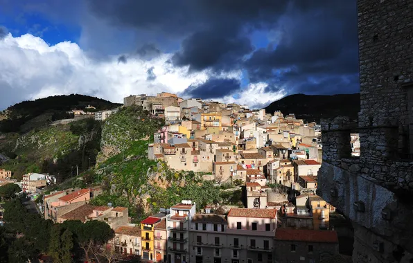 The sky, trees, mountains, clouds, rocks, home, Italy, Sicily