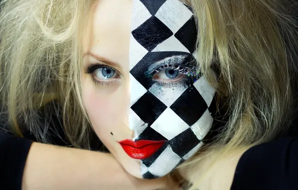 Picture look, girl, face, eyelashes, makeup, blonde, chess Board, makeup