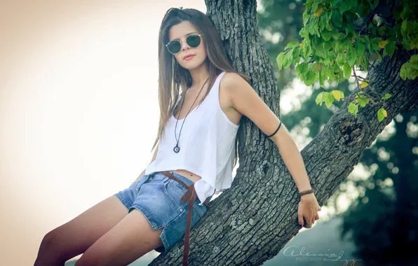 Leaves, girl, trees, shorts, Mike, belt, brown hair, sunglasses