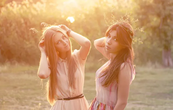 The sun, girls, blonde, brown hair, views