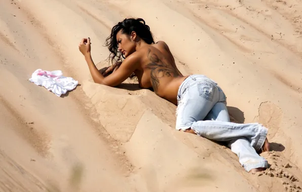 Sand, model, back, jeans, tan, figure, brunette, tattoo