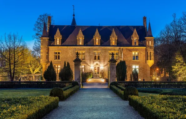 Trees, lights, castle, lawn, the evening, lights, track, the bushes