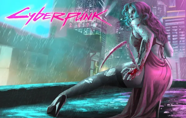 Wallpaper Girl, The city, The game, Rain, Art, Cyborg, CD Projekt