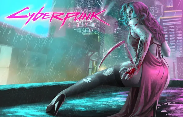 Girl, The city, The game, Rain, Art, Cyborg, CD Projekt RED, Cyberpunk 2077