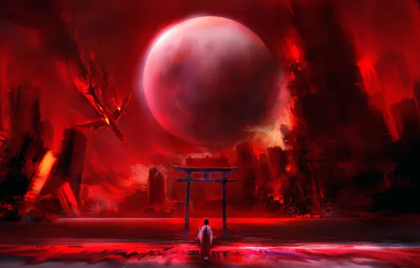 Girl, the plane, ruins, the full moon, falls, torii, blood river