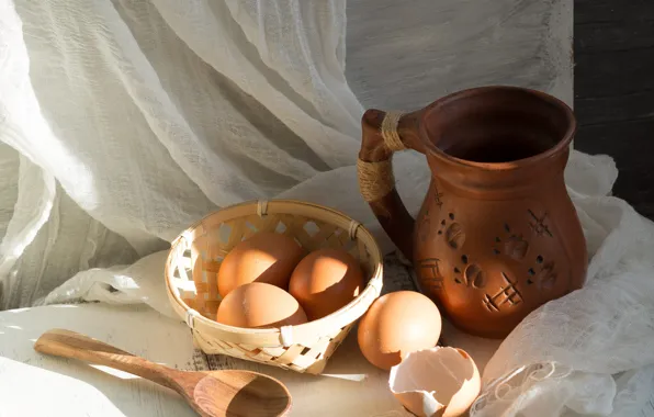 Light, table, food, eggs, spoon, fabric, pitcher, still life