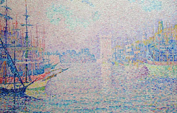 The city, ship, tower, picture, Paul Signac, pointillism, The Port Of Marseille