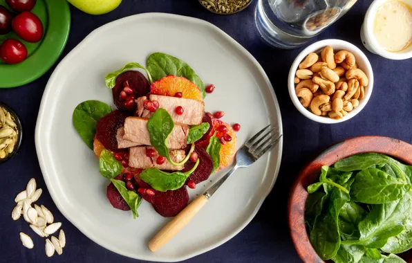 Greens, meat, nuts, dish, garnet, salad