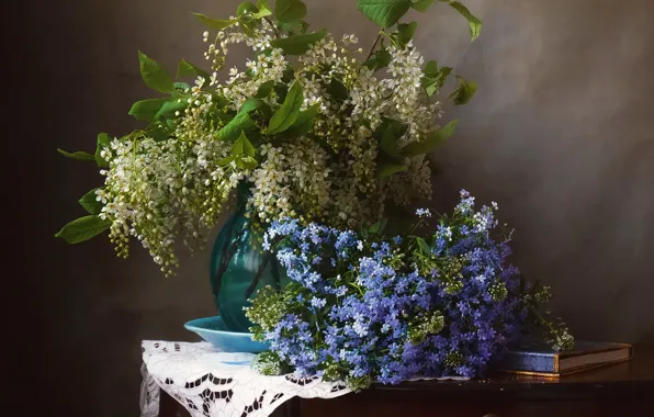 Picture flowers, branches, table, blue, bouquet, spring, book, vase