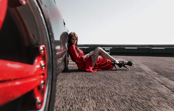 Auto, asphalt, girl, model, dress, tattoo, girl, brown hair