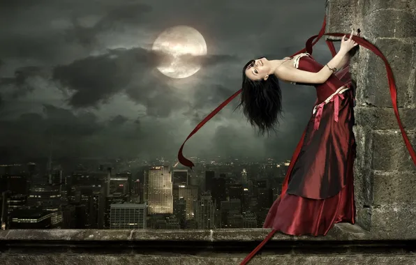 Picture girl, night, the city, wall, Gothic, the moon, height, red dress