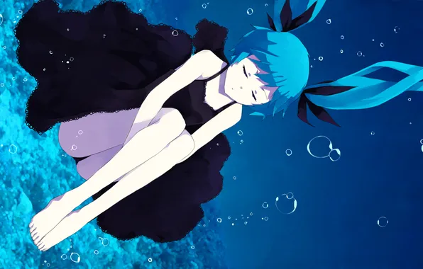 Picture sea, girl, bubbles, dress, vocaloid, hatsune miku, under water, deep-sea girl