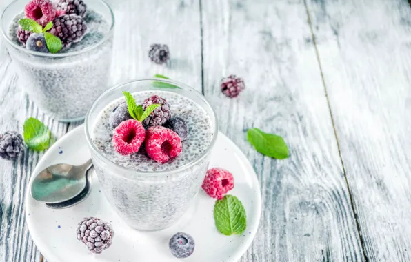 Berries, raspberry, table, spoon, glasses, BlackBerry, yogurt, Chia