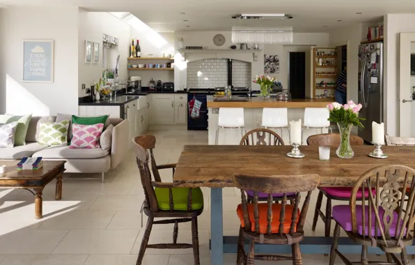 Picture Country Cottage Style, interior, kitchen-living room, open plan kitchen-living, rustic cottage style, free layout, dining …