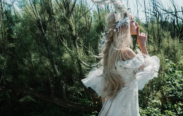 Forest, girl, decoration, branches, nature, face, style, thickets