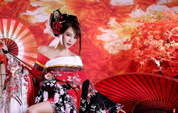Picture girl, fan, geisha, kimono, Asian