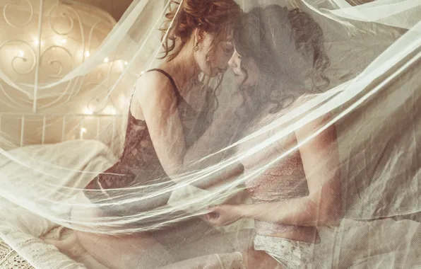 Light, game, girls, bed, underwear, tulle