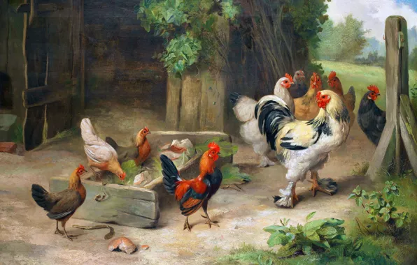 Picture Birds, Picture, Cocks, Chickens, Edgar Hunt, Edgar Hunt, A scene on a farm with chickens …