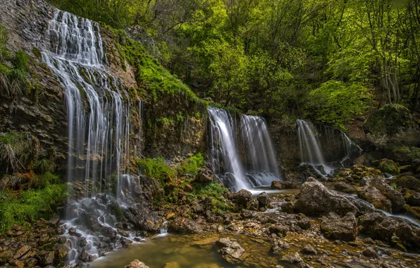 Picture greens, forest, the sun, trees, stones, France, waterfall, Doriaz Waterfall