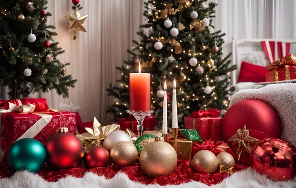 Balls, lights, room, star, candles, Christmas, gifts, red