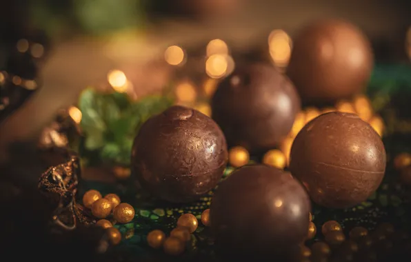 Balls, table, blur, candy, round, gold plated, dessert, bokeh