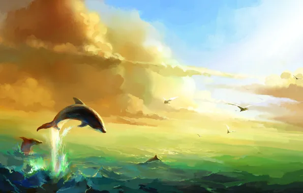 The sun, Clouds, Sea, Seagulls, Dolphins