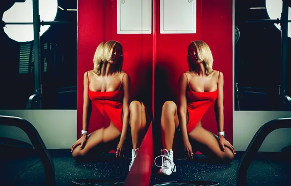 Swimsuit, girl, pose, reflection, mirror, blonde, Ruslan Bolgov