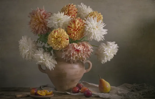 Flowers, towel, bouquet, yellow, pot, pear, pink, fruit