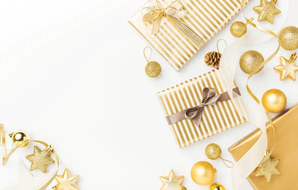 Decoration, balls, New Year, Christmas, gifts, golden, Christmas, balls