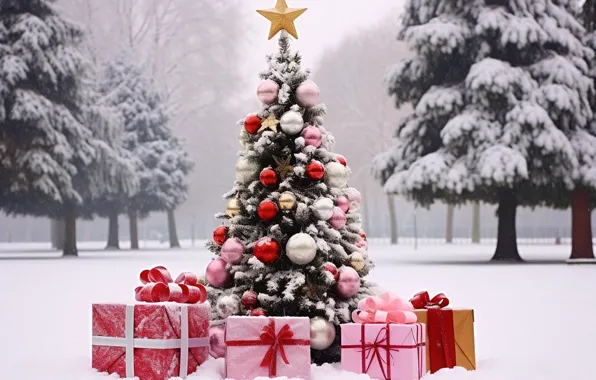 Winter, snow, decoration, balls, tree, New Year, Christmas, gifts