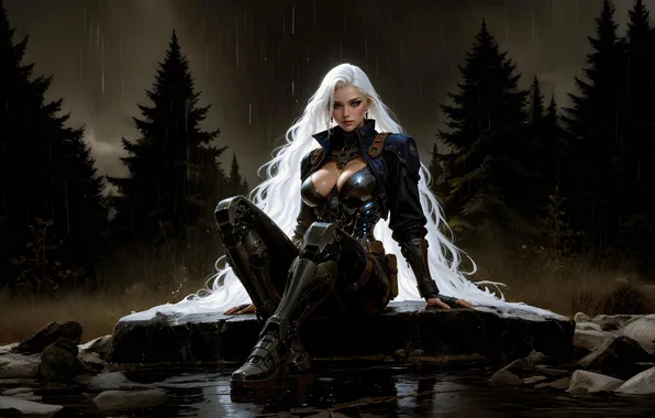 Picture girl, forest, armor, night, blonde, ai art