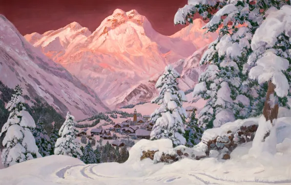 Snow, sunset, mountains, pink, tree, Alps, houses, Alois Arnegger. Зима