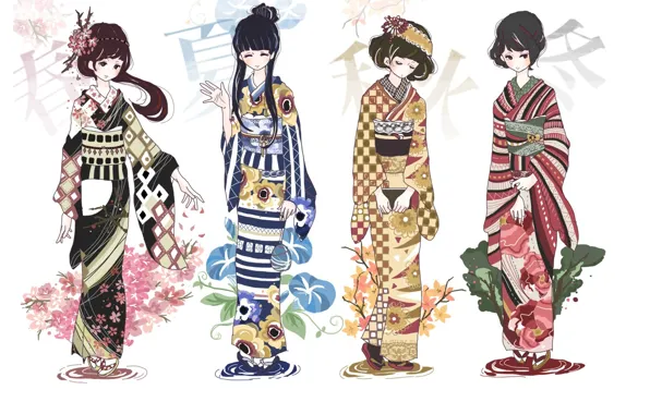 Seasons, girls, anime, art, kimono