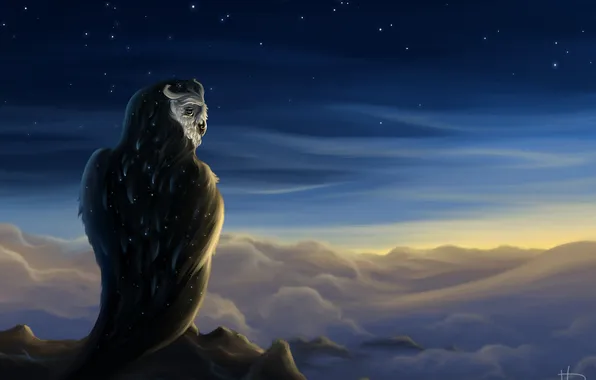 Picture look, clouds, mountains, owl, bird, art, Rom-Art, Waves of Eternity