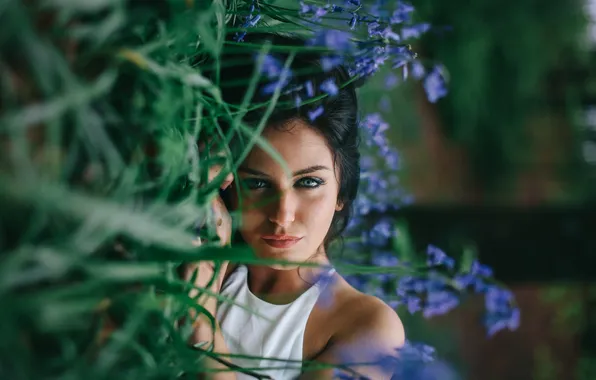 Picture girl, flowers, brunette, lies