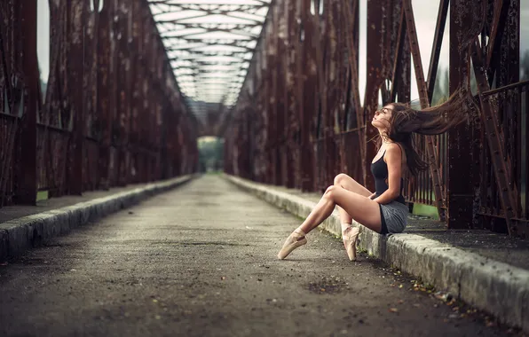 Picture girl, bridge, hair, ballerina, sitting, Pointe shoes