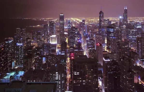 Night, lights, Chicago, USA, Il